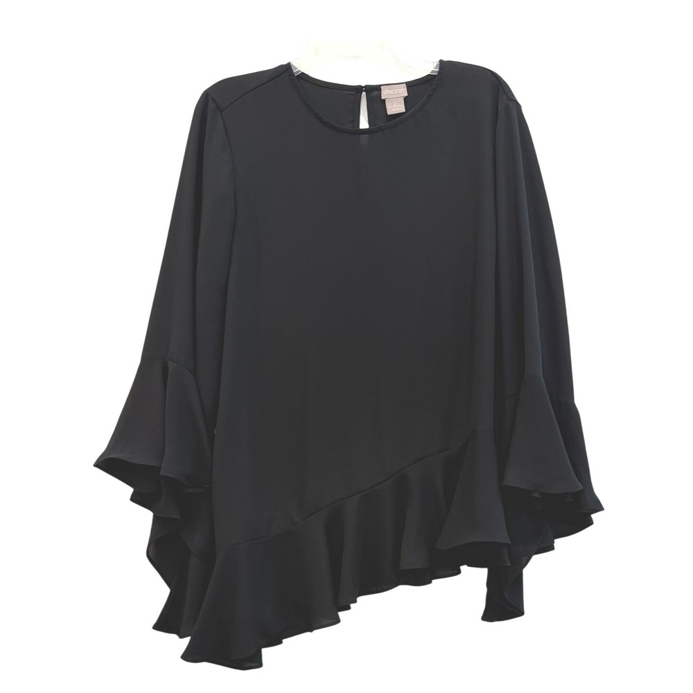 Chicos Black Ruffle Asymmetrical Hem Bell Sleeve Blouse Top Size 2‎ US 12/14